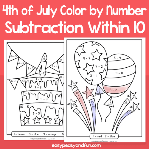 4th Of July Subtraction Within 10 Color By Code Worksheets