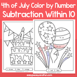 4th Of July Subtraction Within 10 Color By Code Worksheets