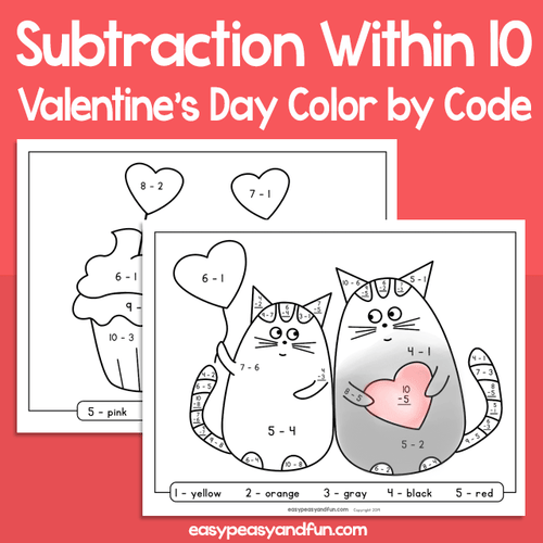 Valentine’s Day Color By Code Subtraction Within 10